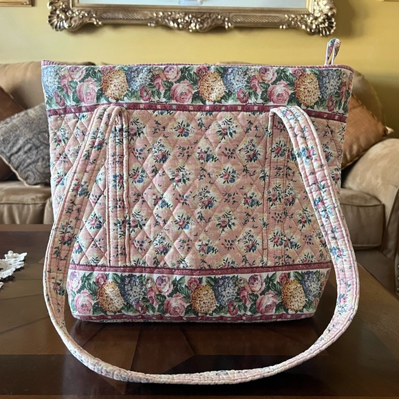 Vintage VERA BRADLEY Pastel Pink 1996 Villager Tote Zipper Floral Blue Quilted - Picture 6 of 8